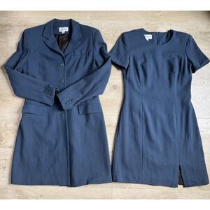 EUC Women VTG Barami dress longline blazer two piece set slate blue USA size 8/6